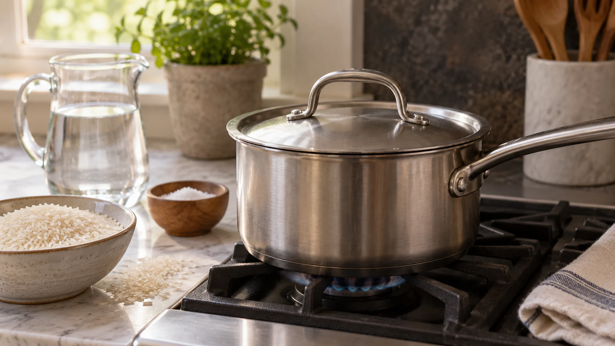 Covered saucepan cooking white rice over low heat
