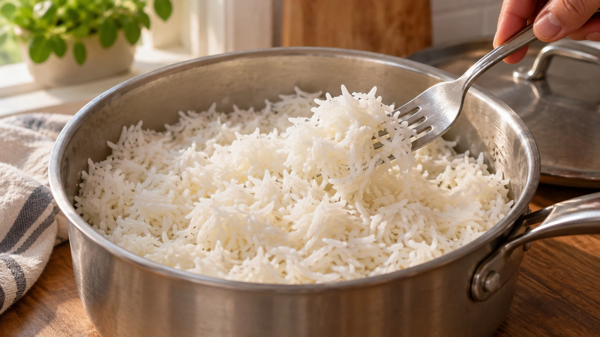 Fluffing white rice with a fork after resting