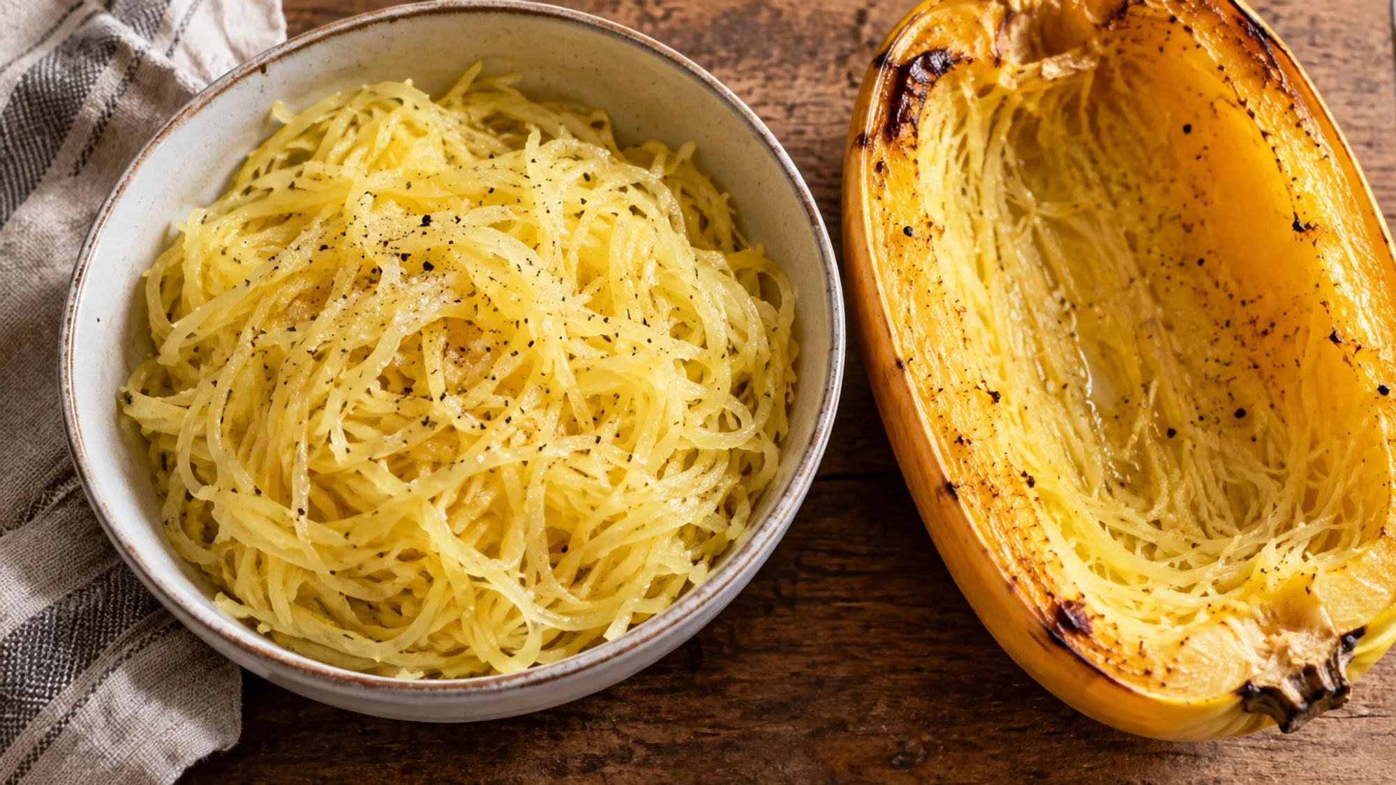 Bowl of plain spaghetti squash strands beside roasted shell