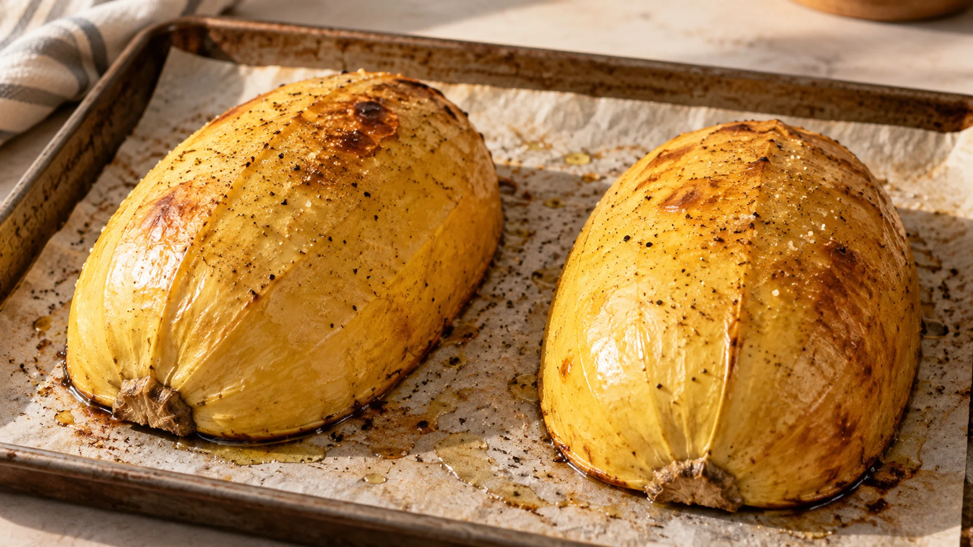 Spaghetti squash halves roasting cut-side down