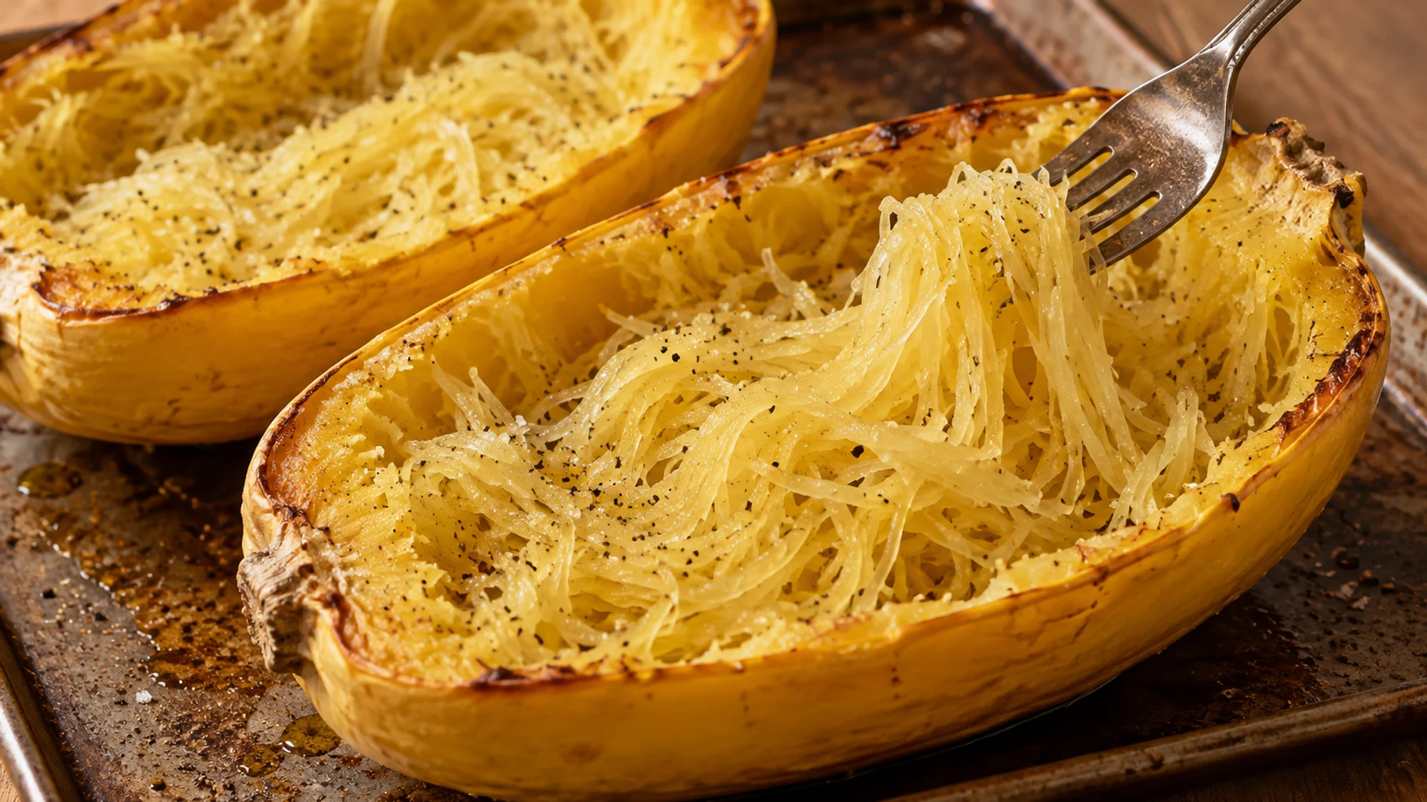 Fork scraping cooked squash into separate strands