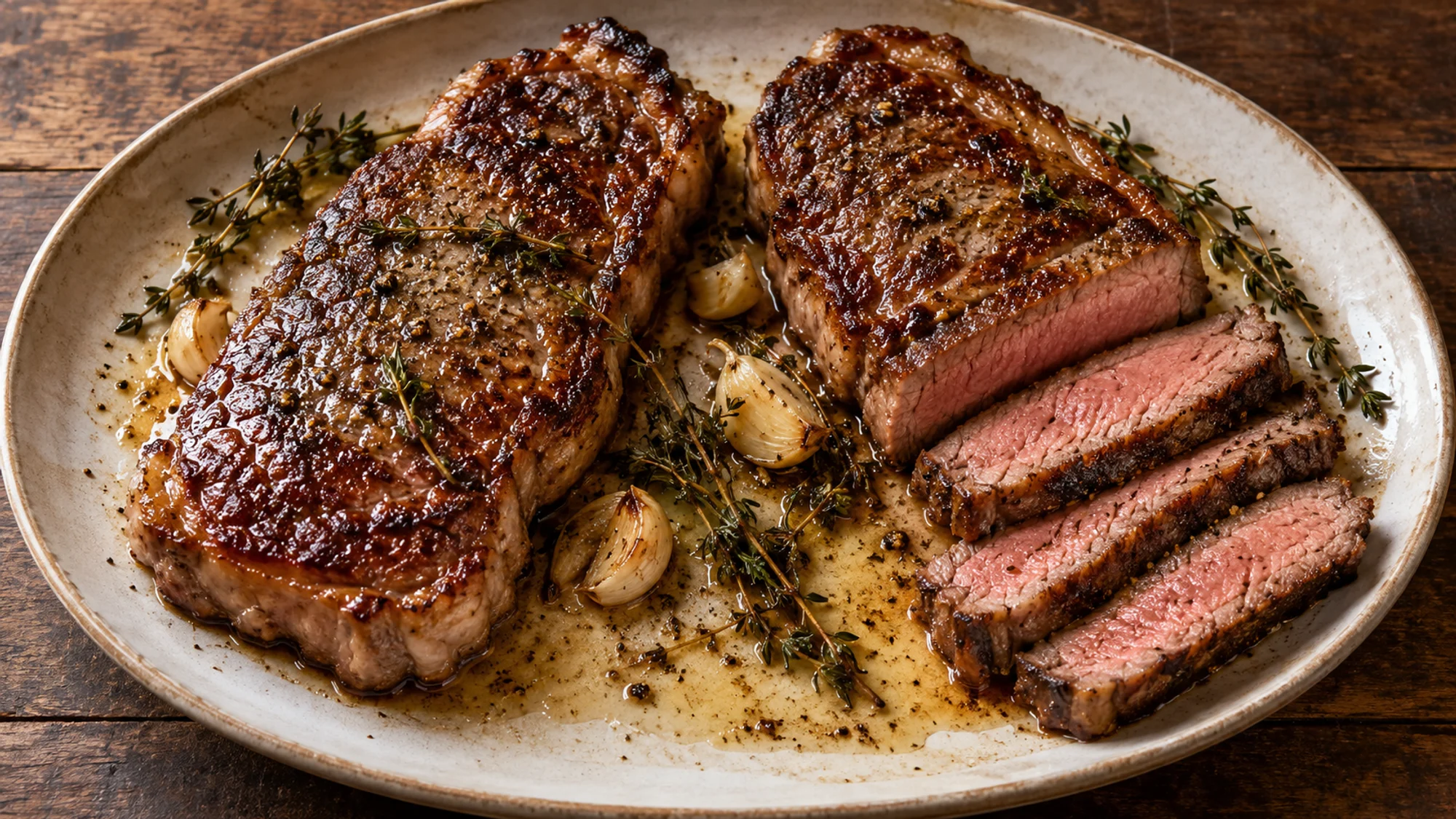 Rested strip steaks sliced for serving
