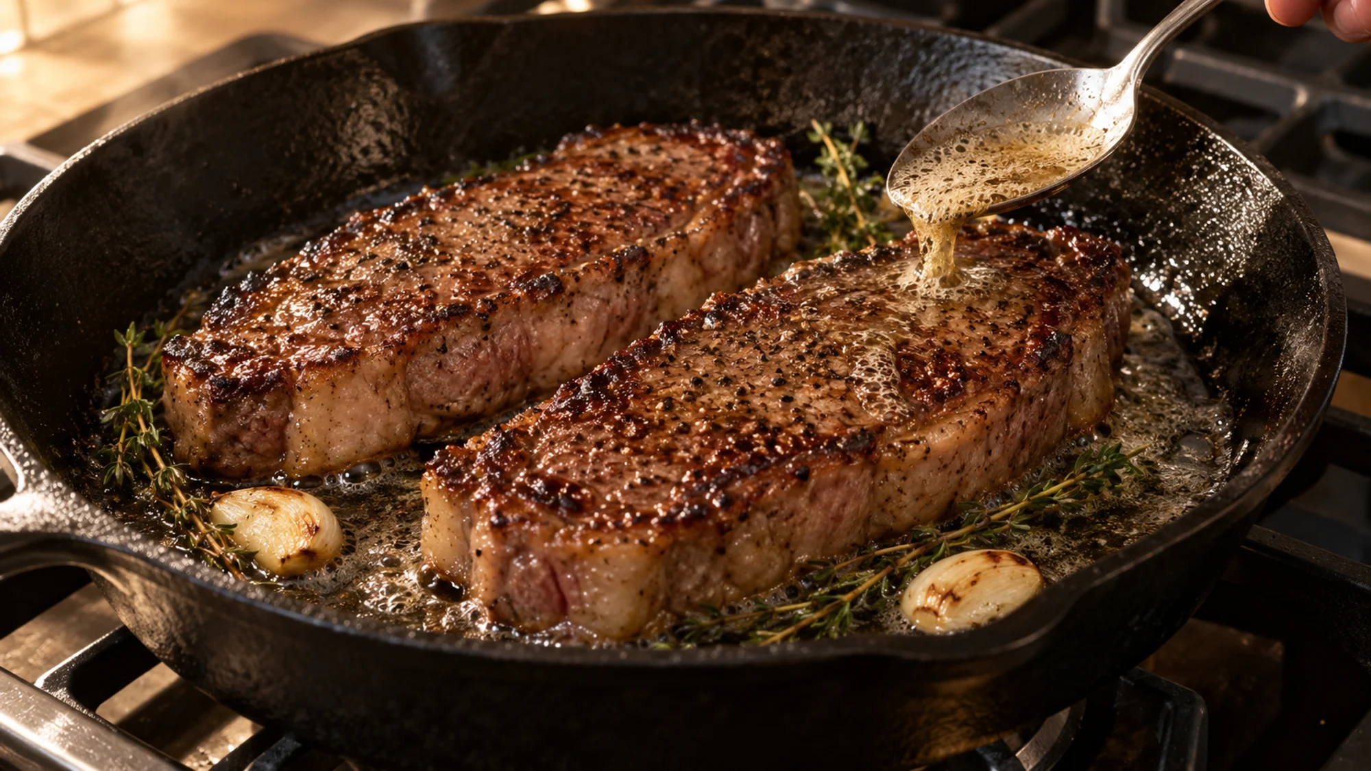 Basting strip steak with garlic thyme butter
