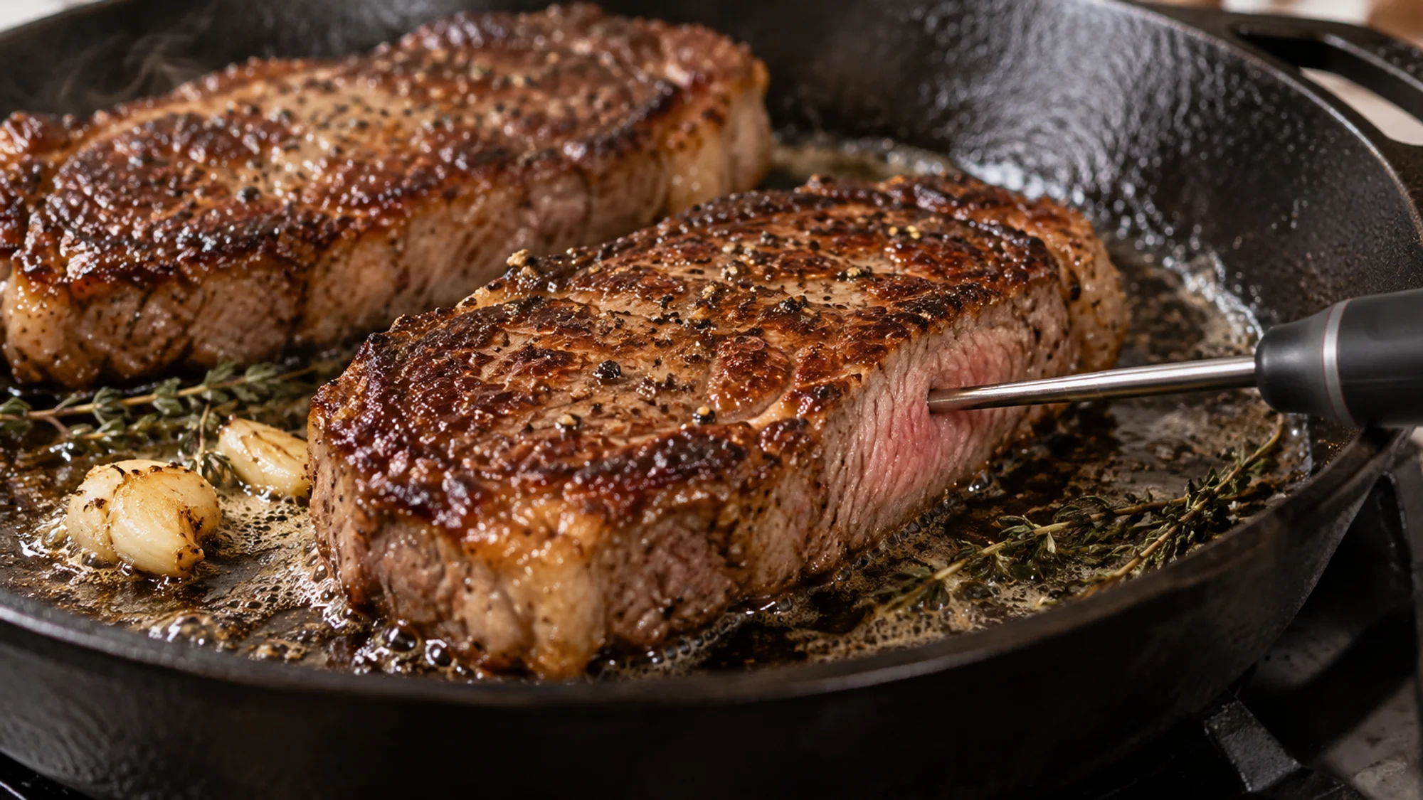 Checking steak temperature from the side with a thermometer