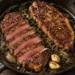 Pan-seared strip steak with garlic and thyme