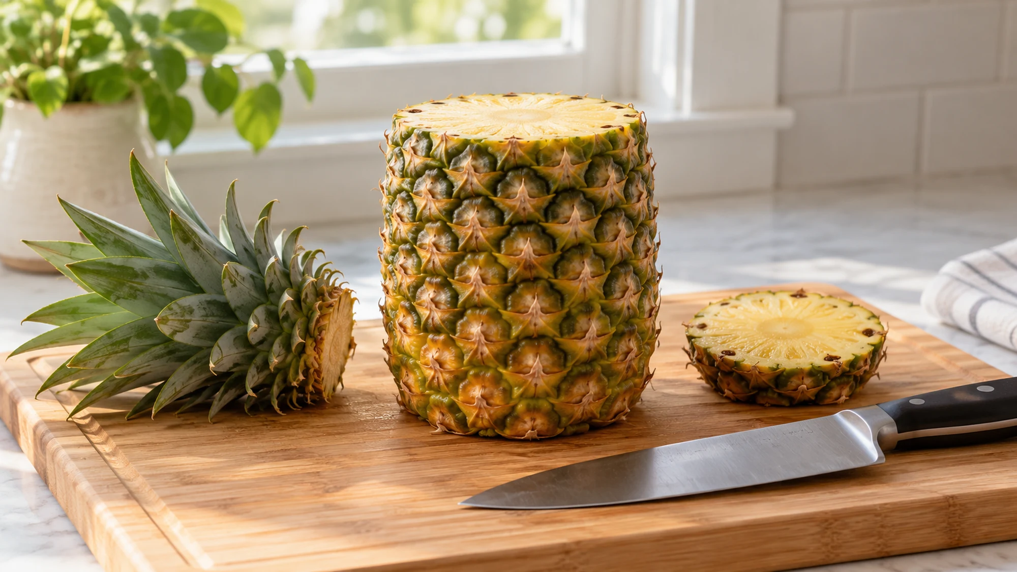 A pineapple standing on its trimmed base with the crown and bottom removed.
