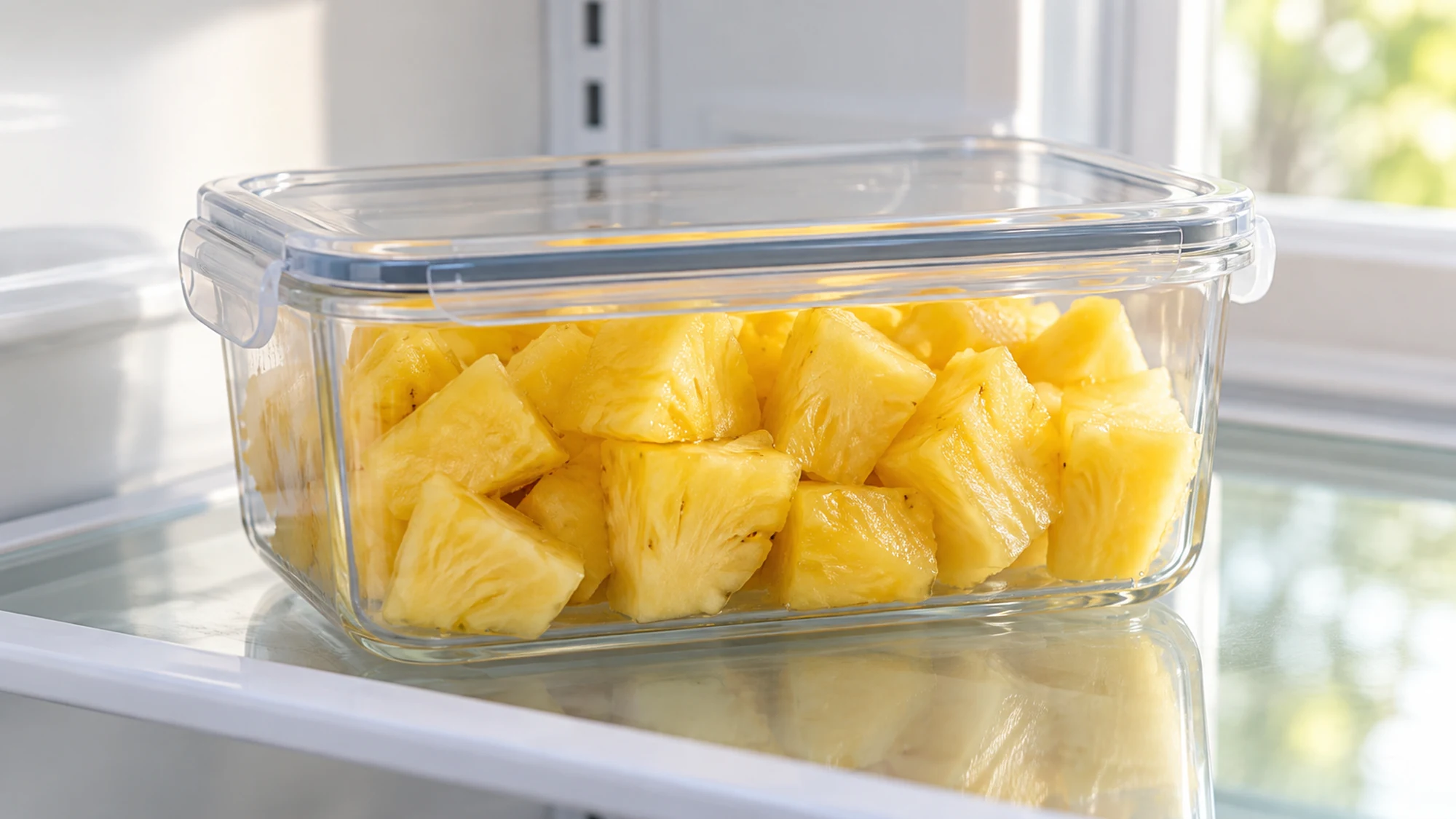 A closed container of pineapple chunks on a refrigerator shelf.