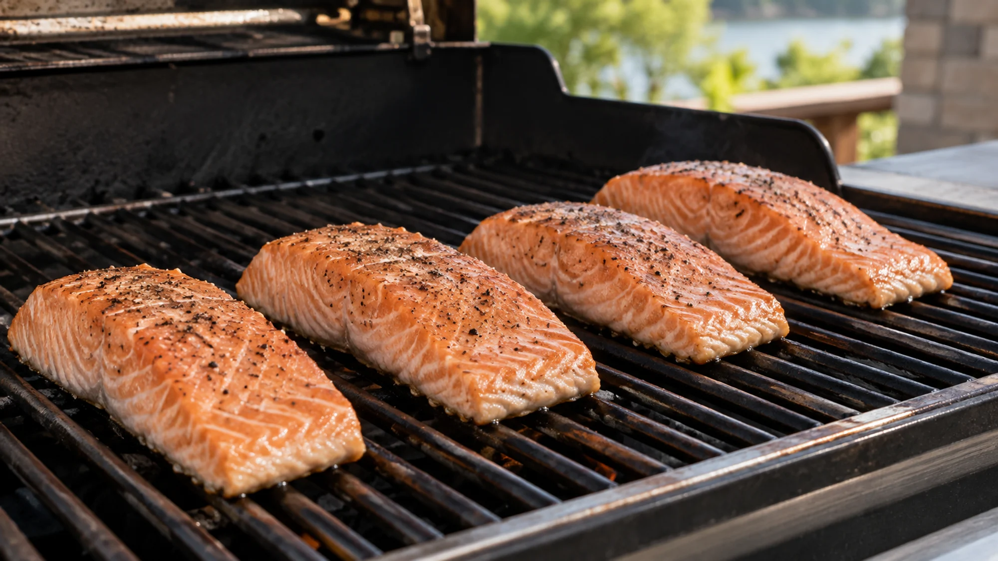 Four salmon fillets cooking skin-side down on grill grates.