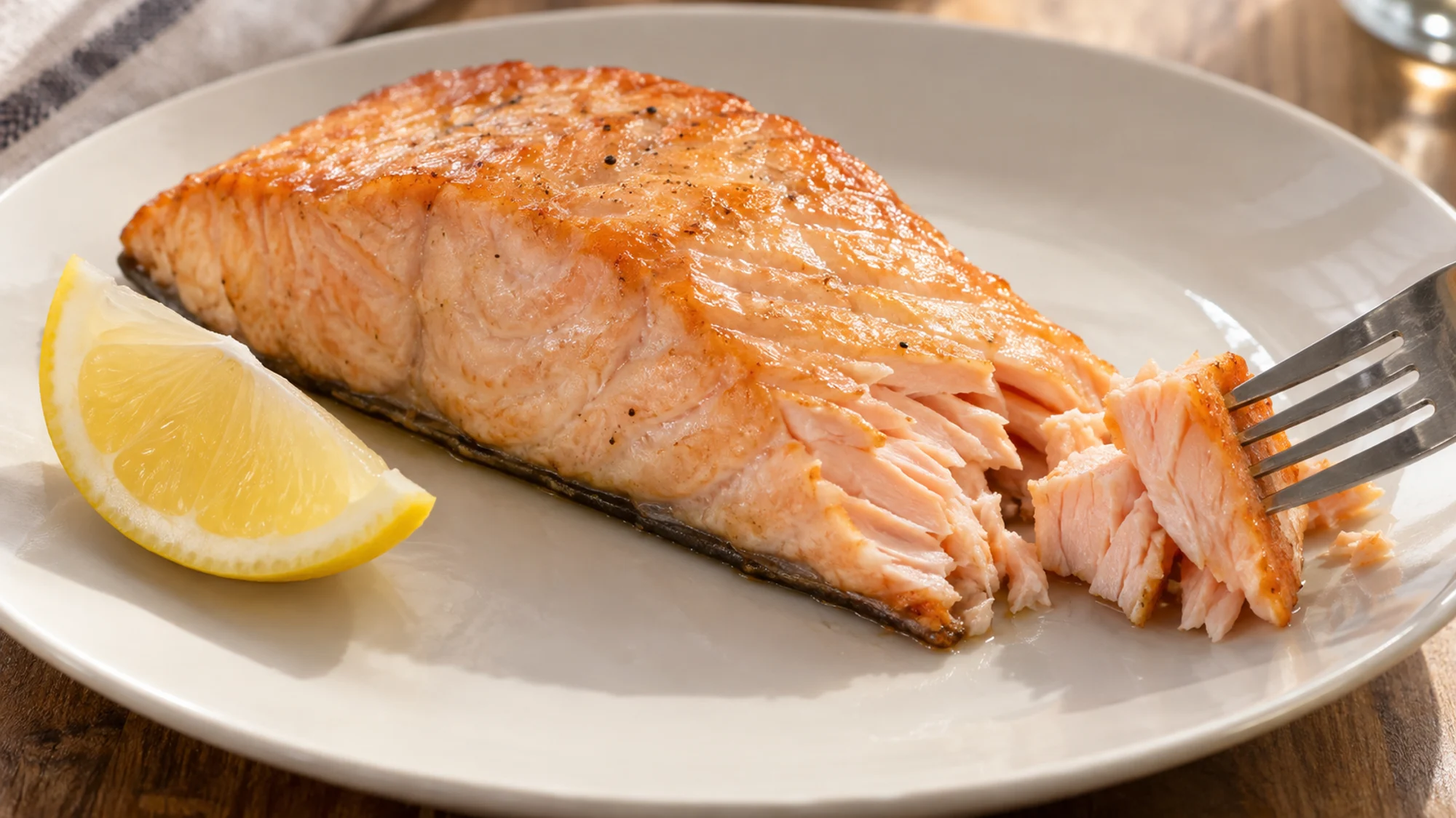 Fork separating an opaque cooked flake from grilled salmon.