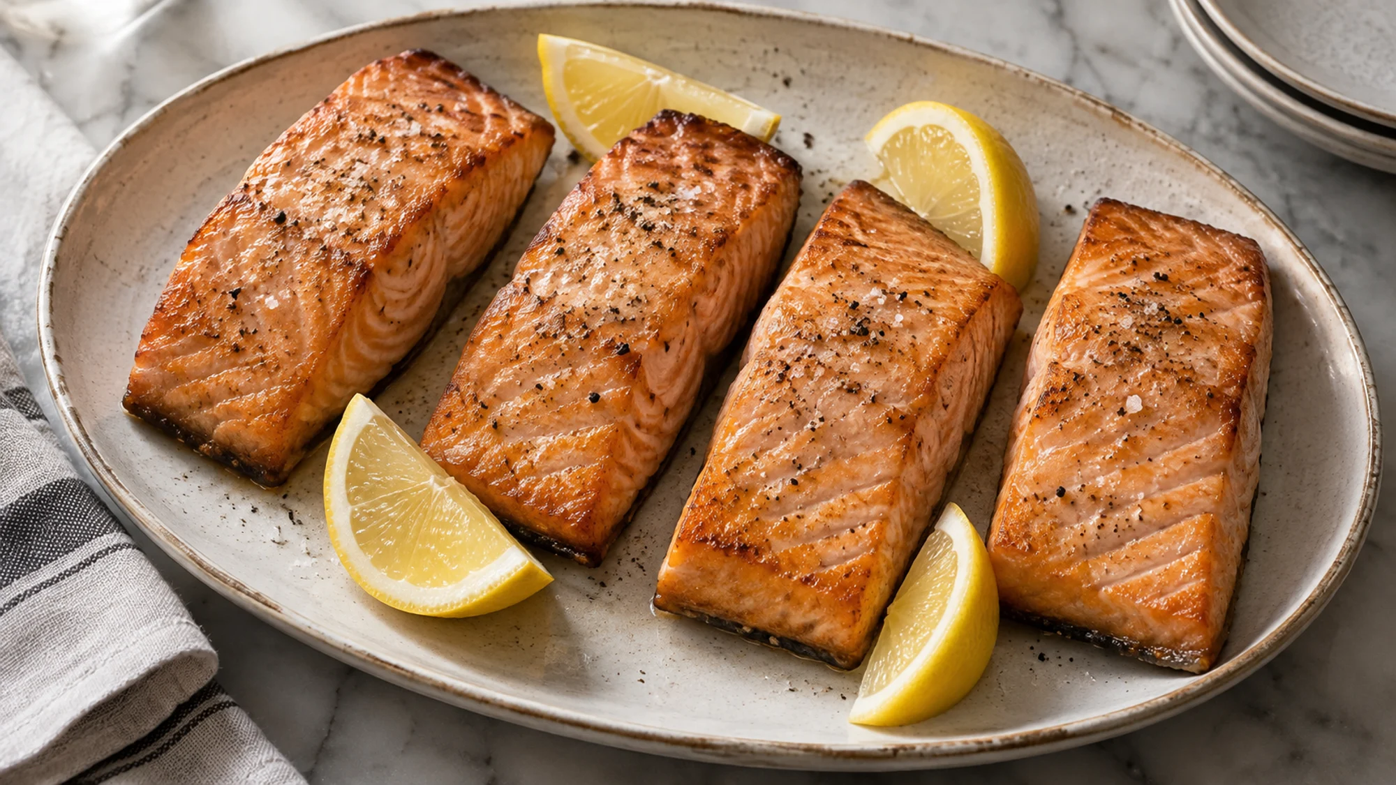 Four simply seasoned grilled salmon portions with lemon wedges.
