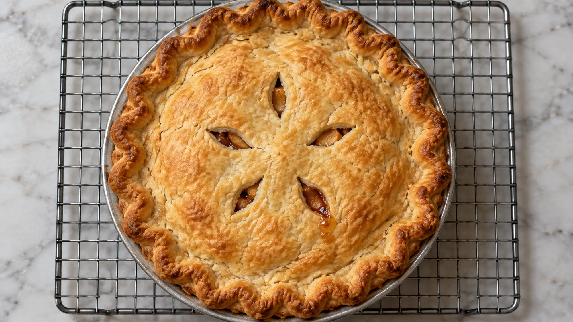 Whole golden apple pie with a crimped rim and steam vents.