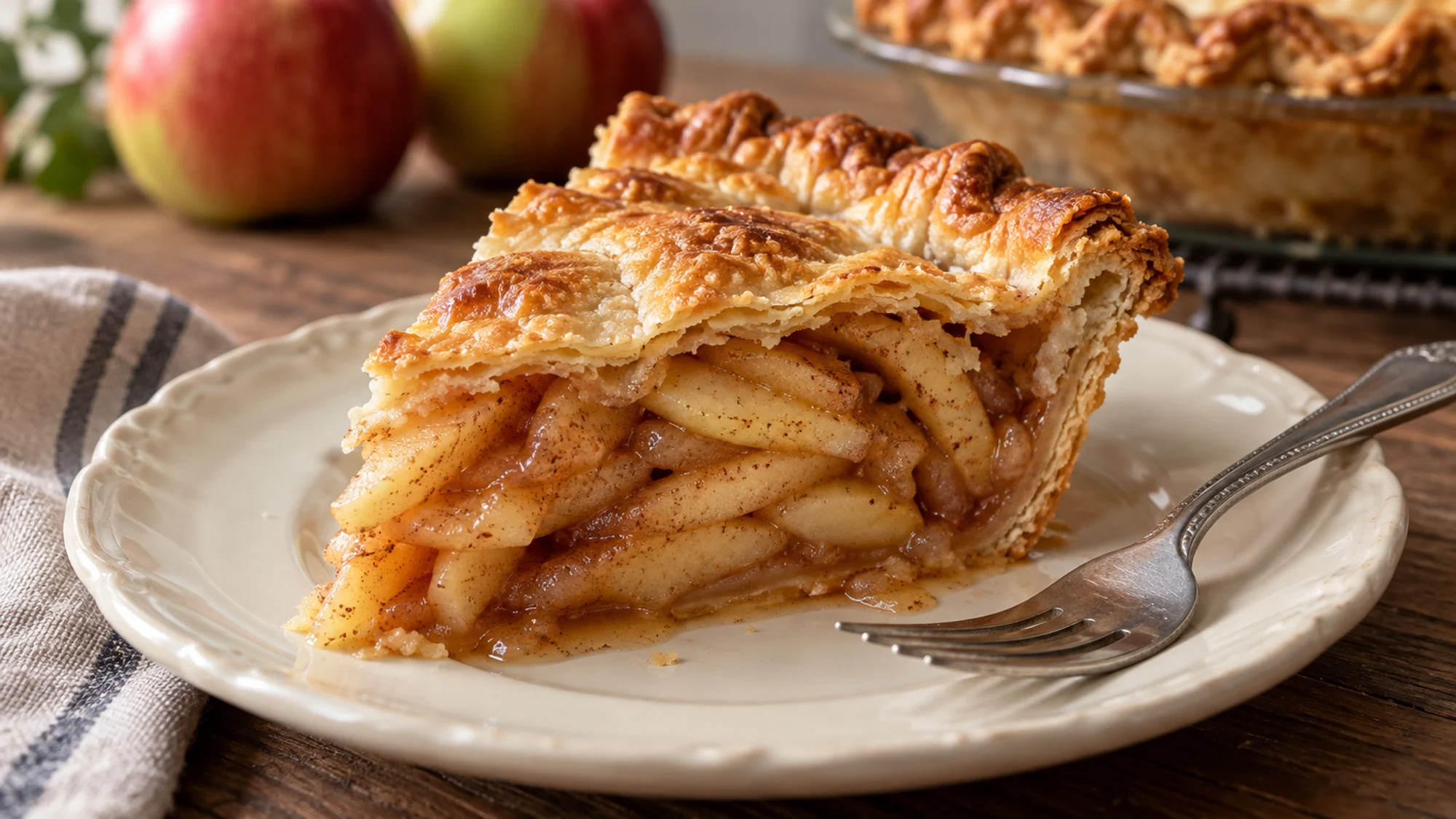 Apple pie slice with flaky pastry and layered cinnamon apple filling.