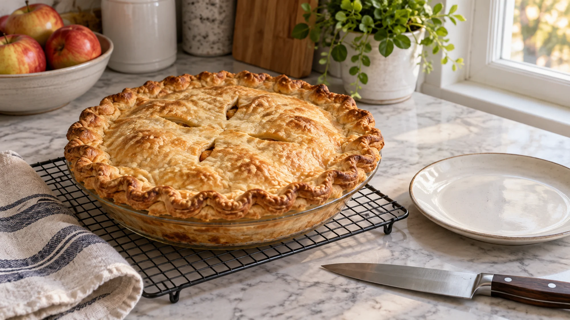 Golden solid-top apple pie cooling on a wire rack.