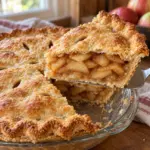A slice lifted from a homemade double-crust apple pie.