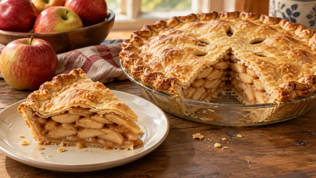 Homemade double-crust apple pie and a slice showing tender cinnamon apples.