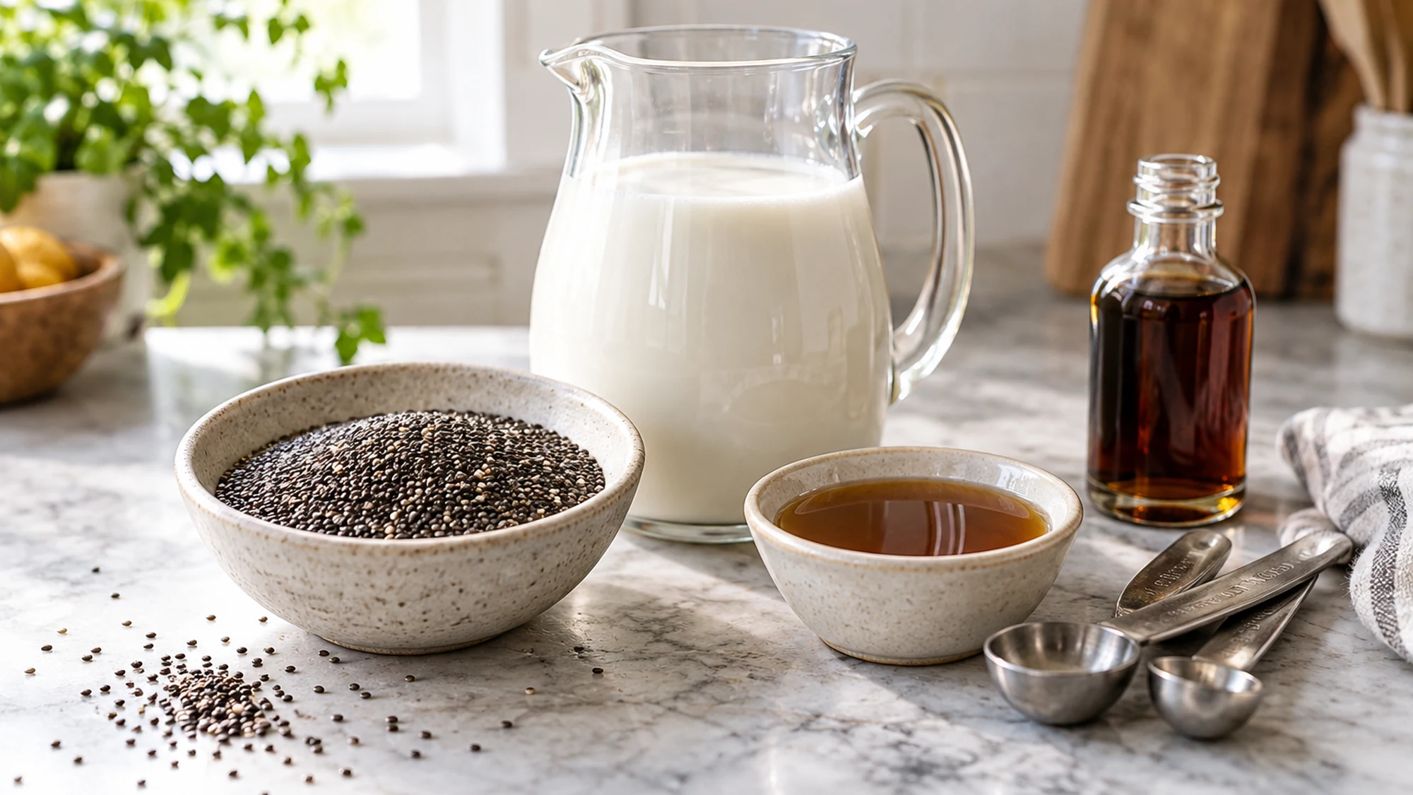 Dry chia seeds, unsweetened milk, maple syrup and vanilla for chia pudding.