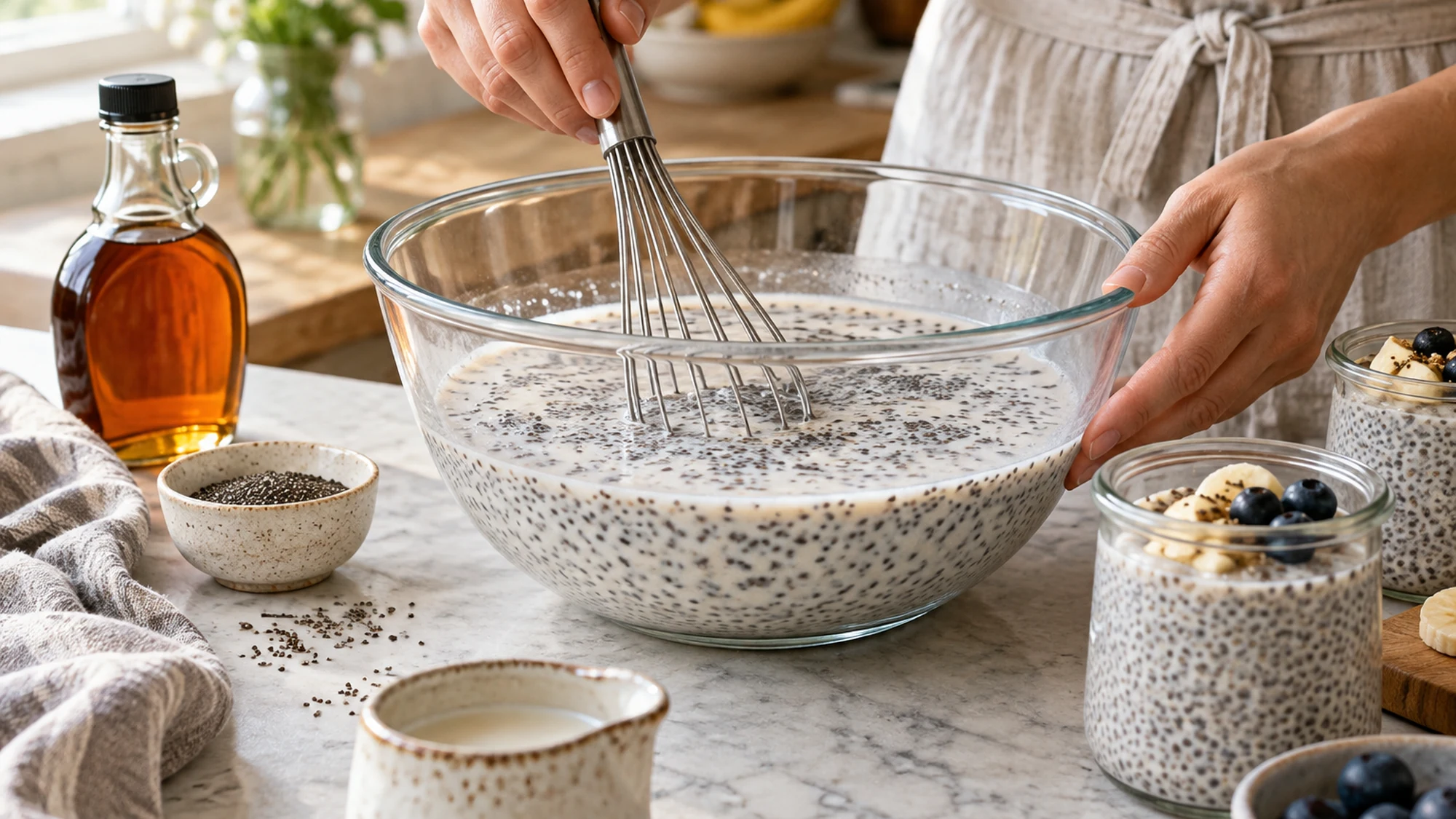 Chia seeds being whisked into milk before the pudding is chilled.