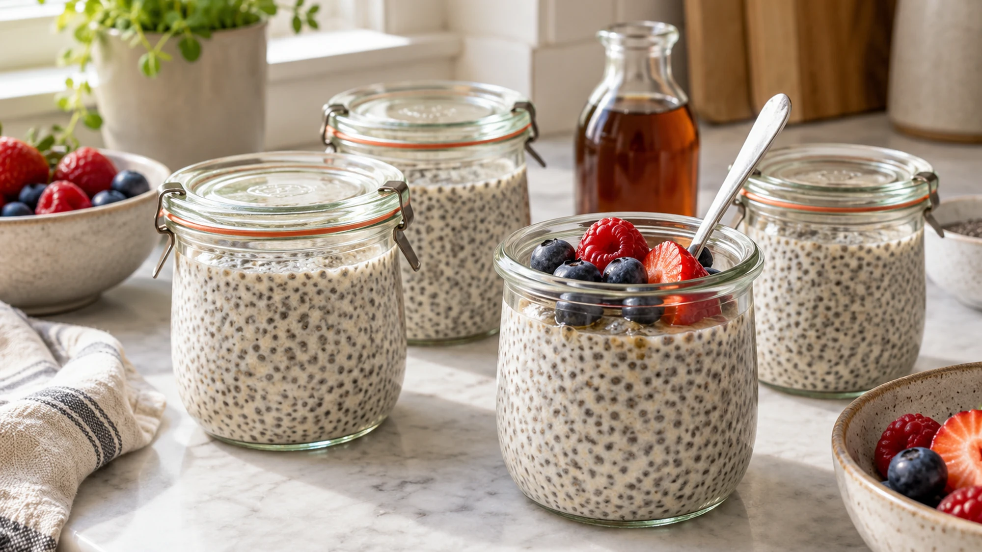 Four jars of set chia pudding with berries added to one serving.