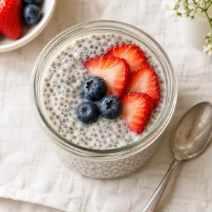 Square overhead photo of vanilla chia pudding in a glass jar