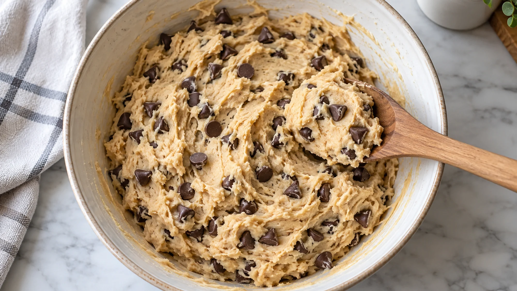 Freshly mixed edible cookie dough with chocolate chips and a wooden spoon.
