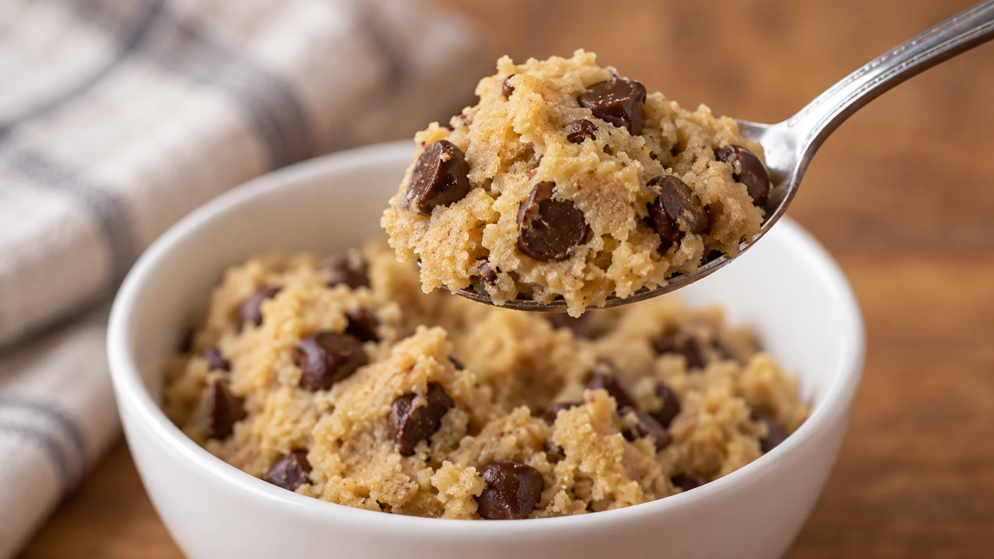A spoon holding soft chocolate-chip edible cookie dough.