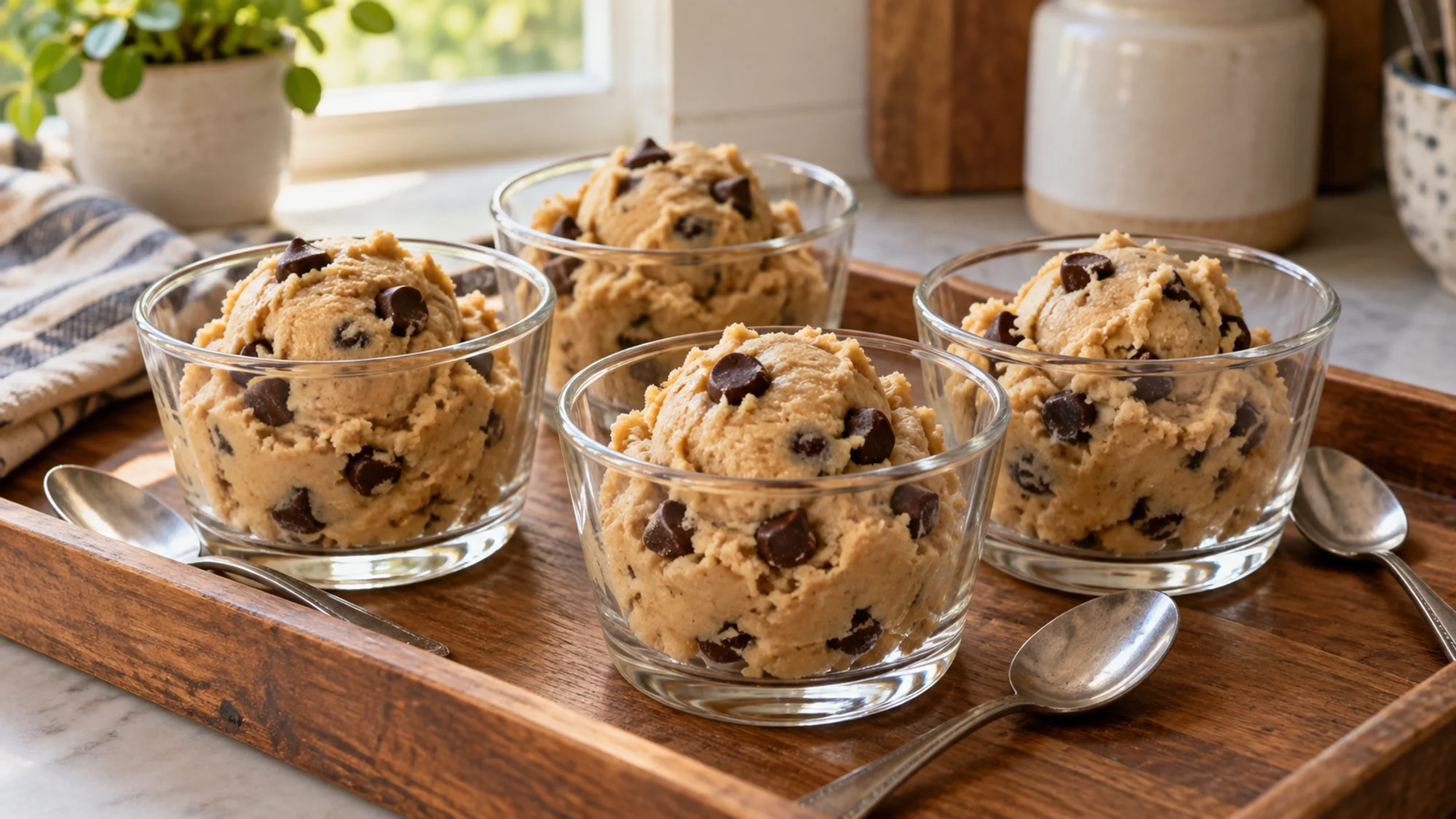 Small glass cups filled with chocolate-chip edible cookie dough.
