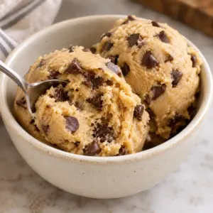Square close-up of creamy chocolate-chip edible cookie dough.