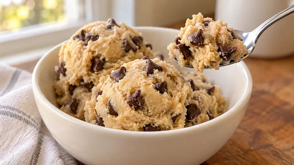 Chocolate-chip edible cookie dough in a bowl with a spoonful lifted.
