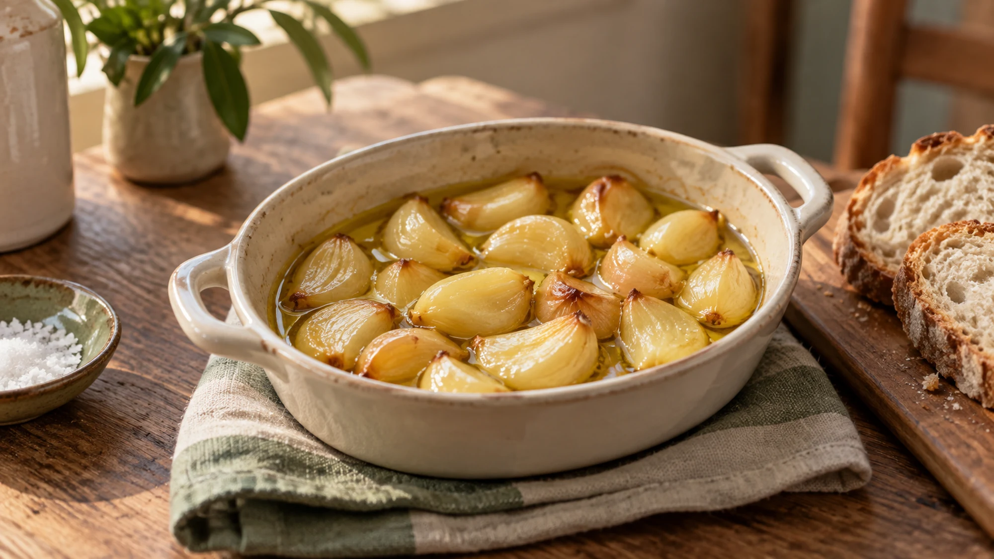 Three-quarter serving view of garlic confit.