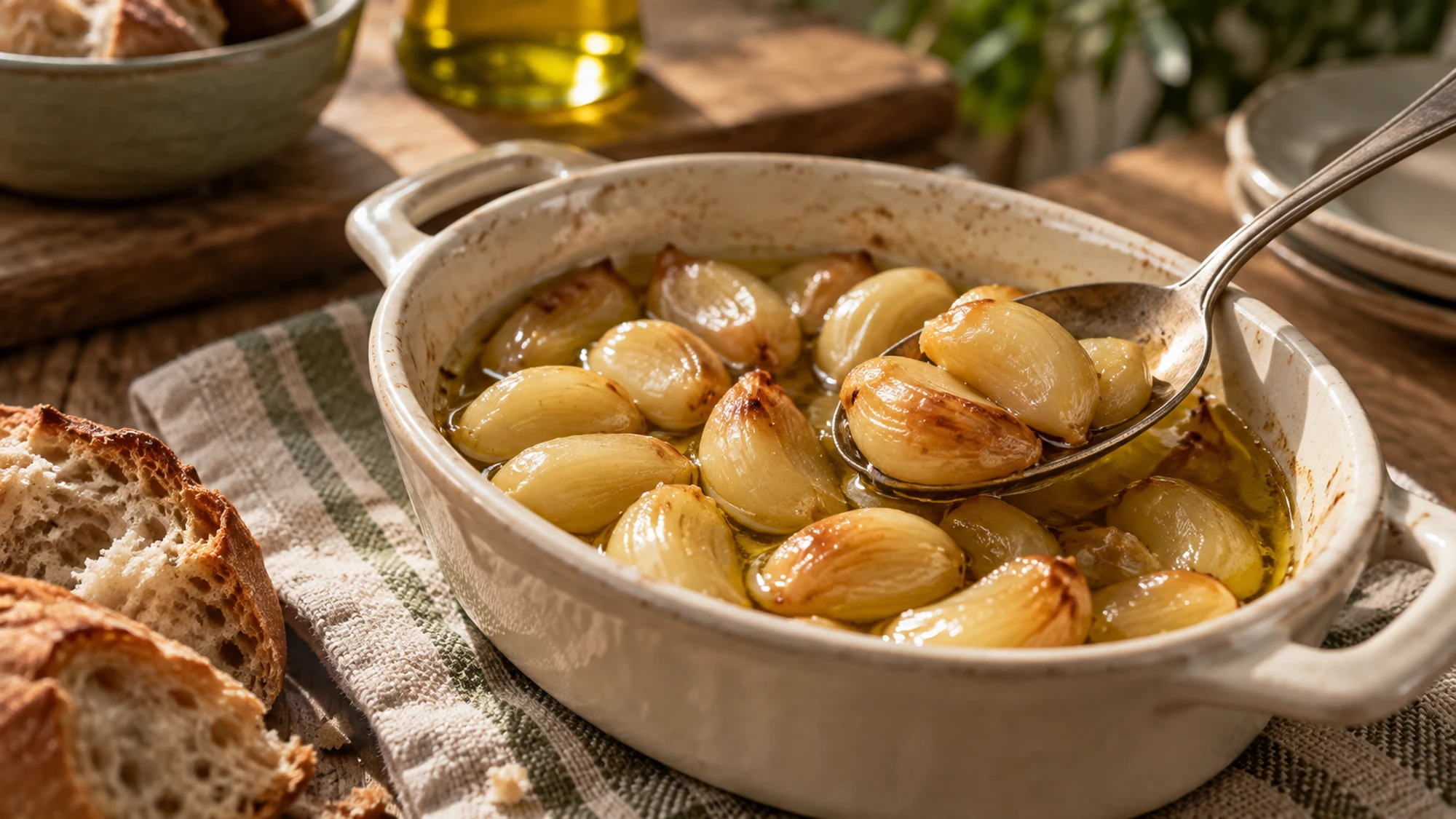 Close-up texture of garlic confit.