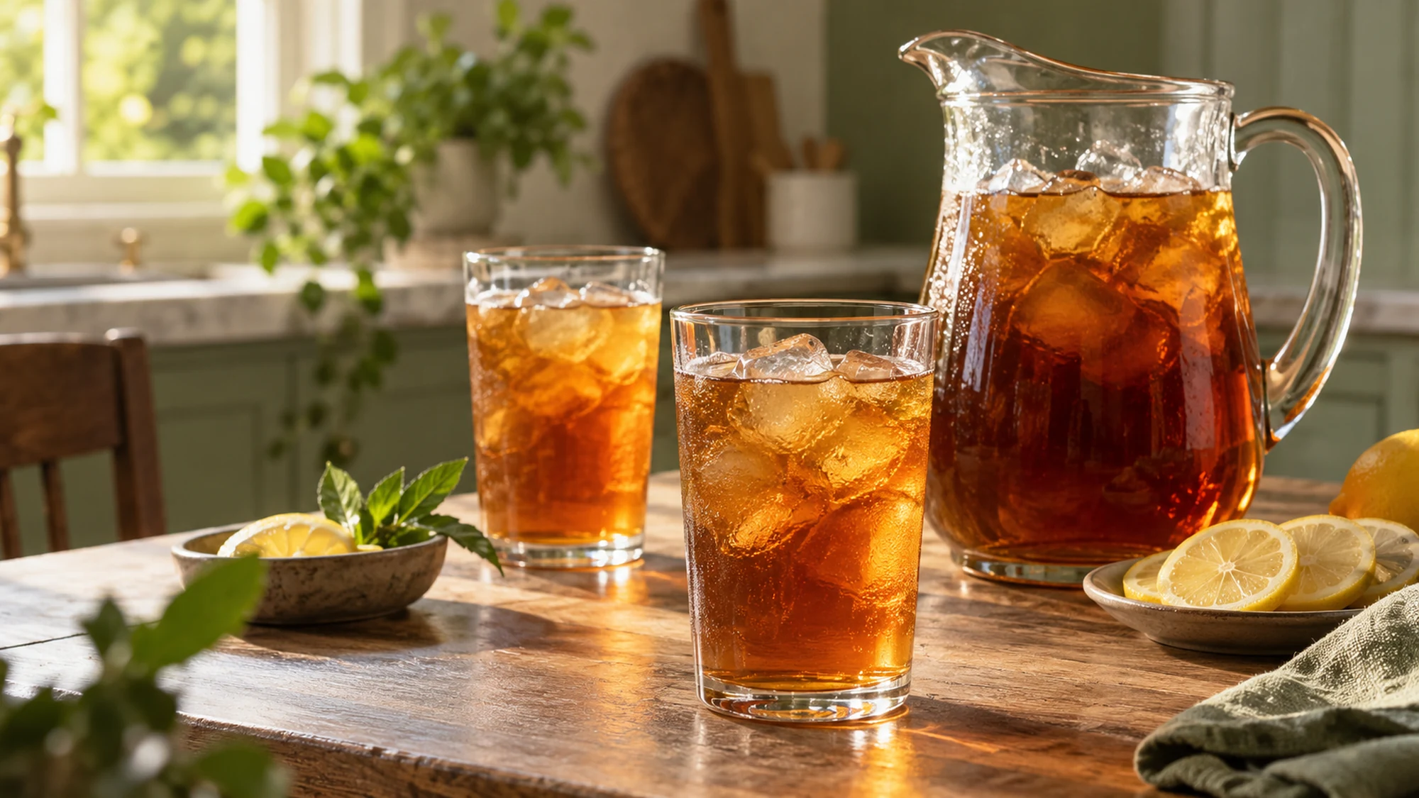 Three-quarter serving view of iced tea.