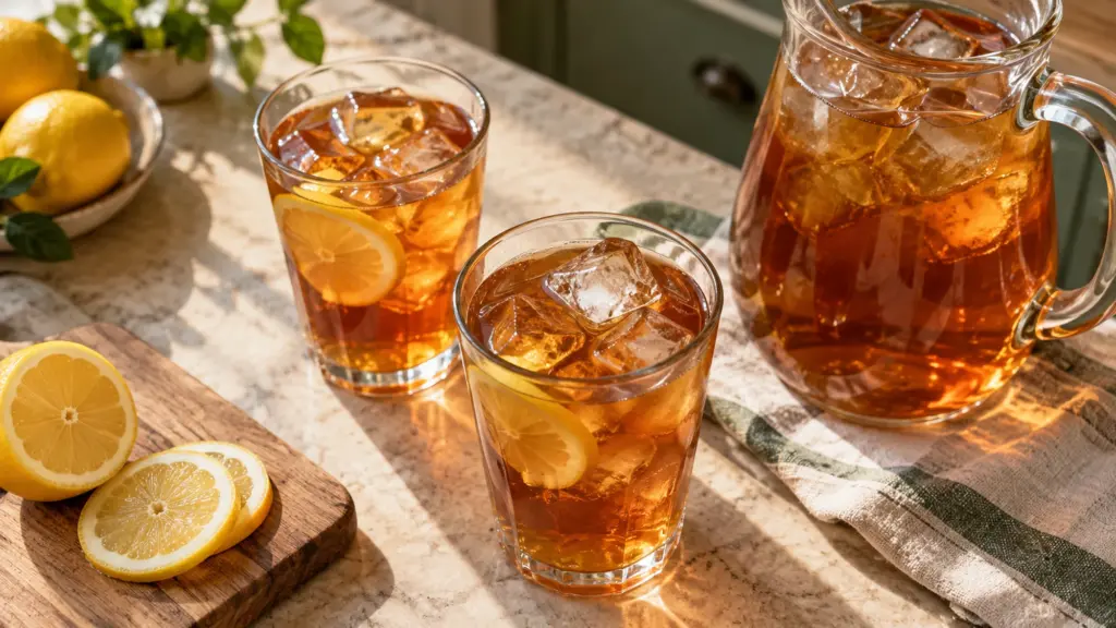 iced tea served in a warm home kitchen.
