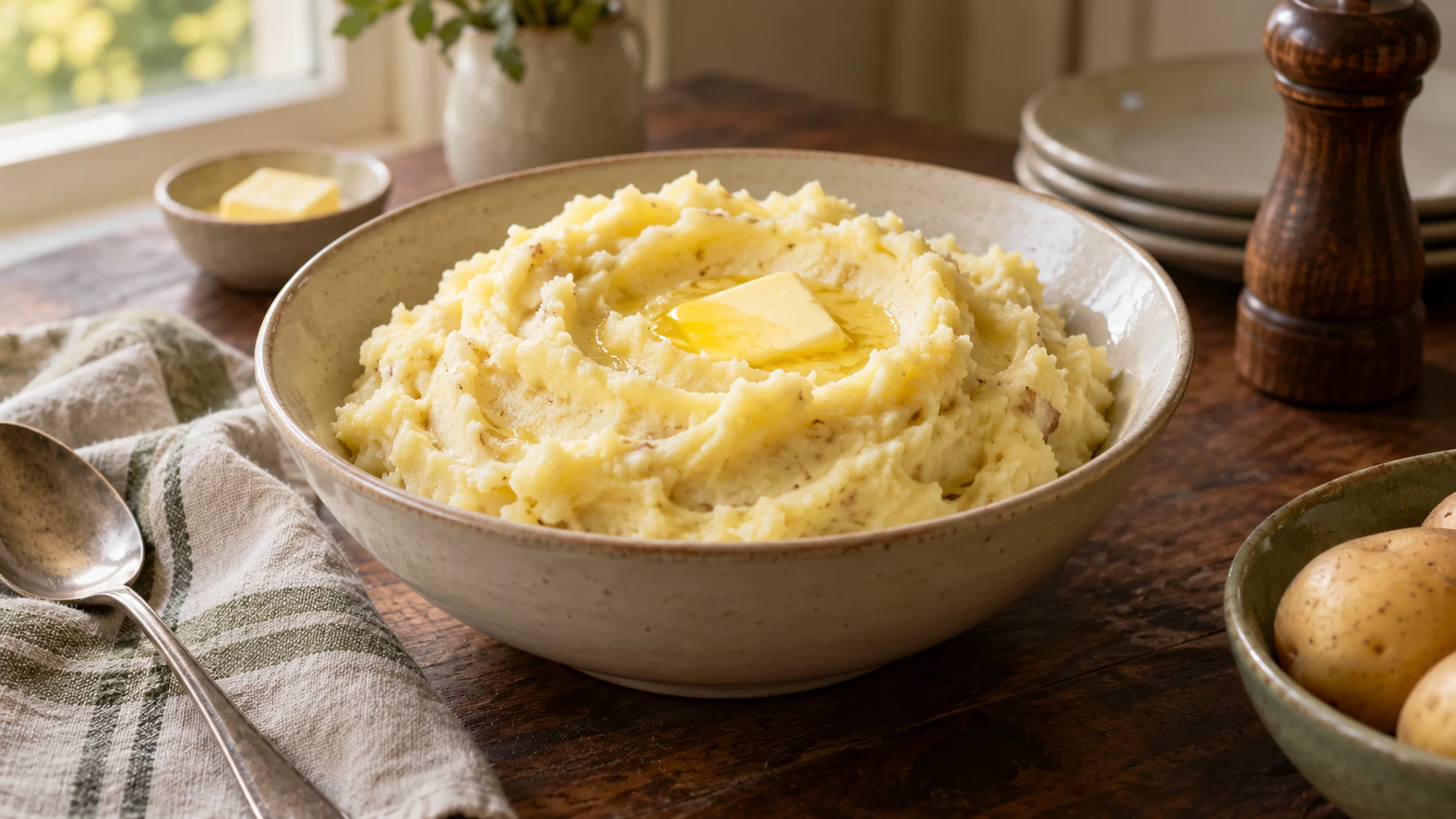 Three-quarter serving view of mashed potatoes.
