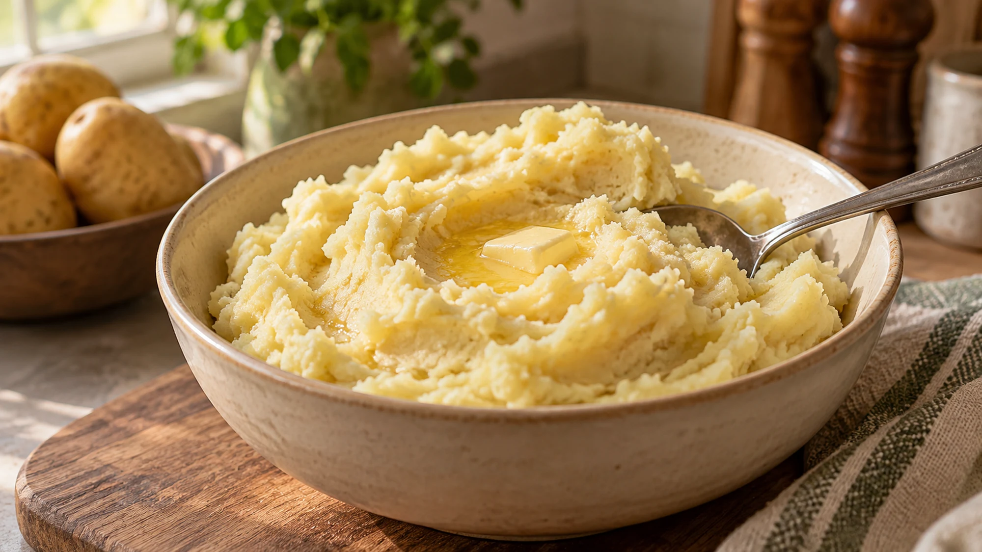 Close-up texture of mashed potatoes.