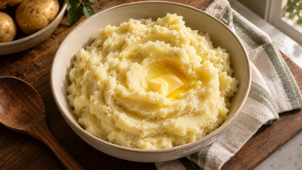 mashed potatoes served in a warm home kitchen.