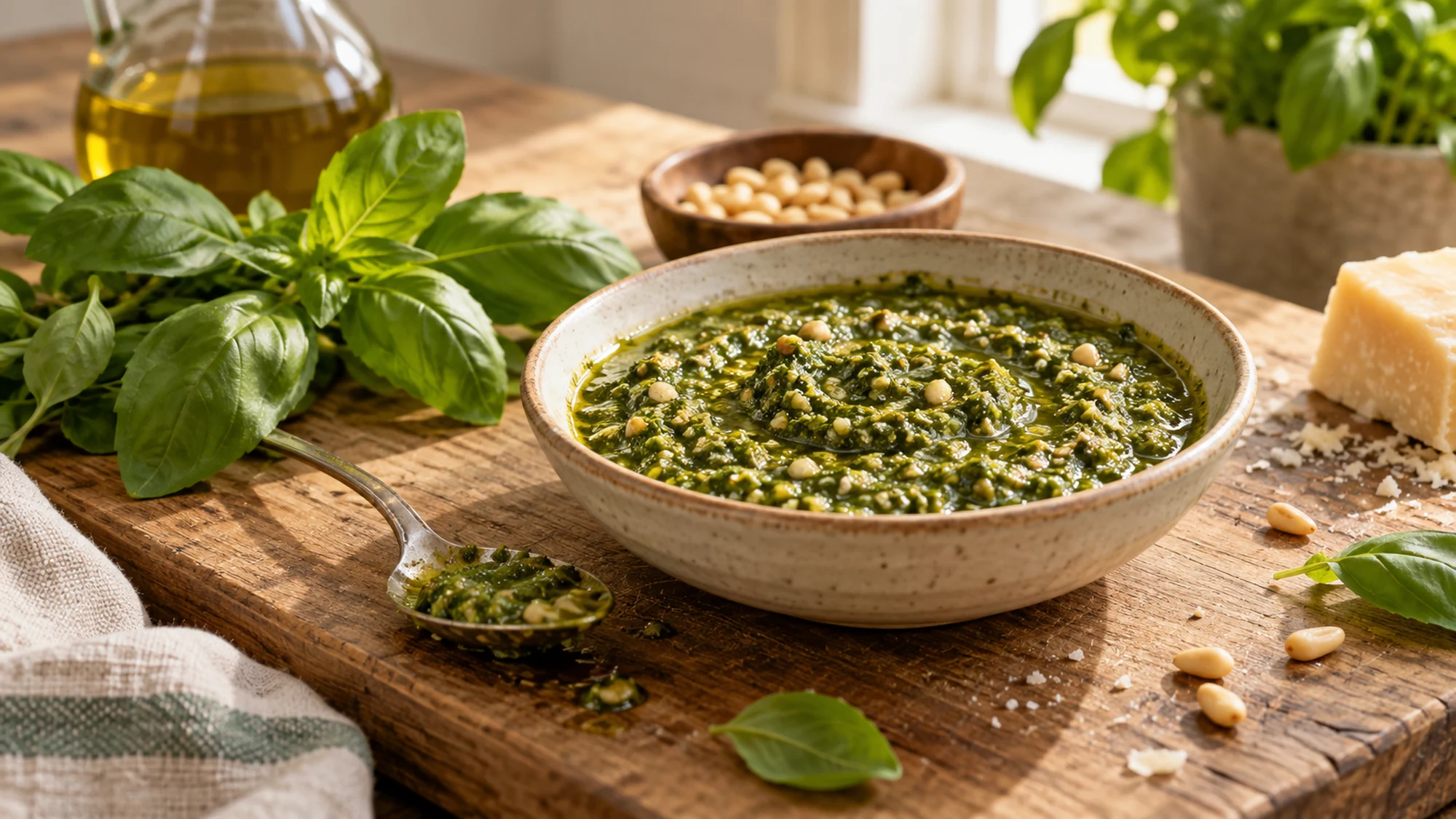 Three-quarter serving view of pesto.