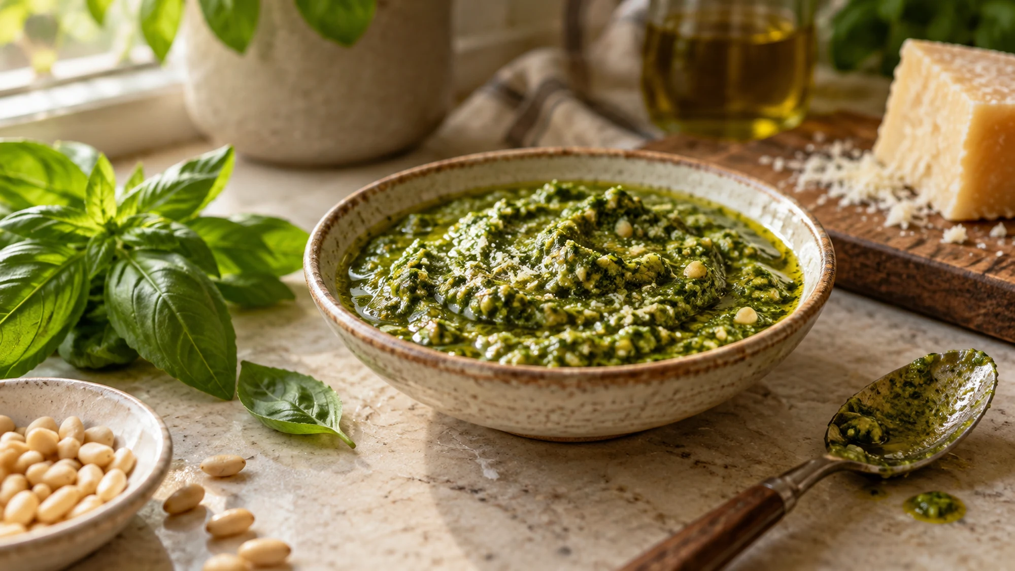 Close-up texture of pesto.