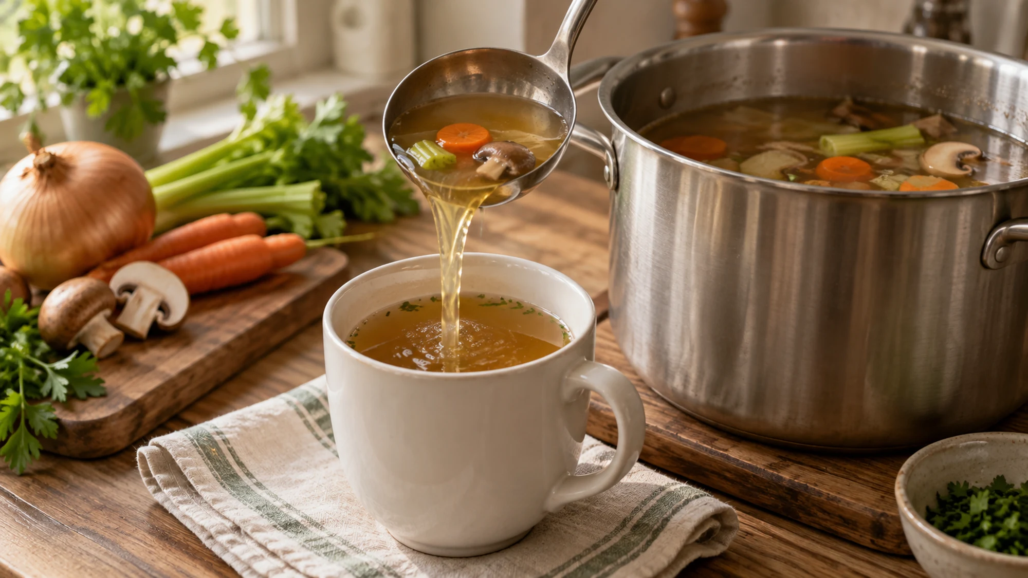 Three-quarter serving view of vegetable stock.