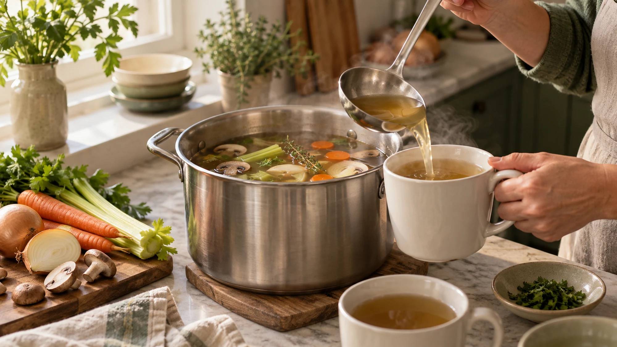 Serving arrangement for vegetable stock.