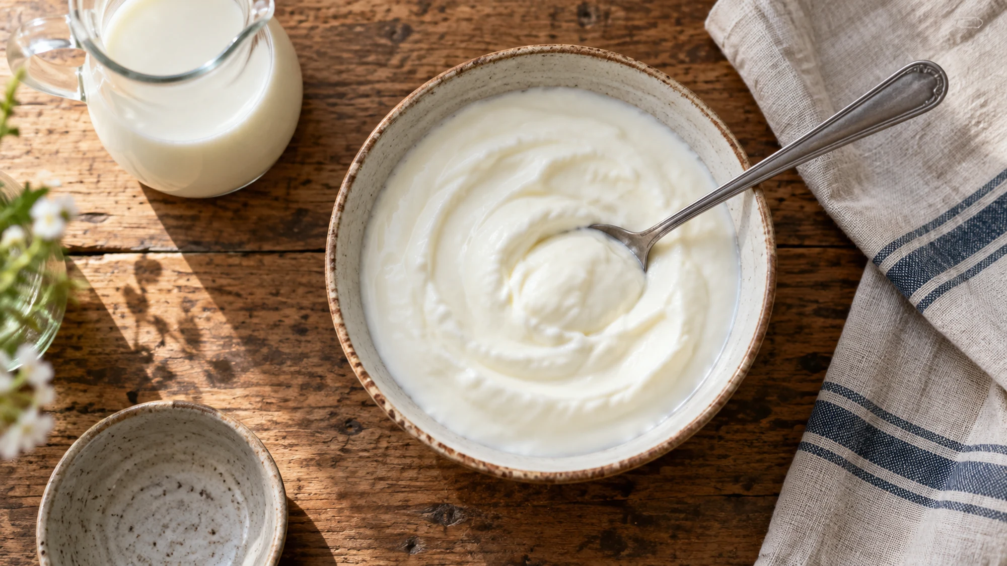 Overhead view of plain homemade yogurt in a serving bowl