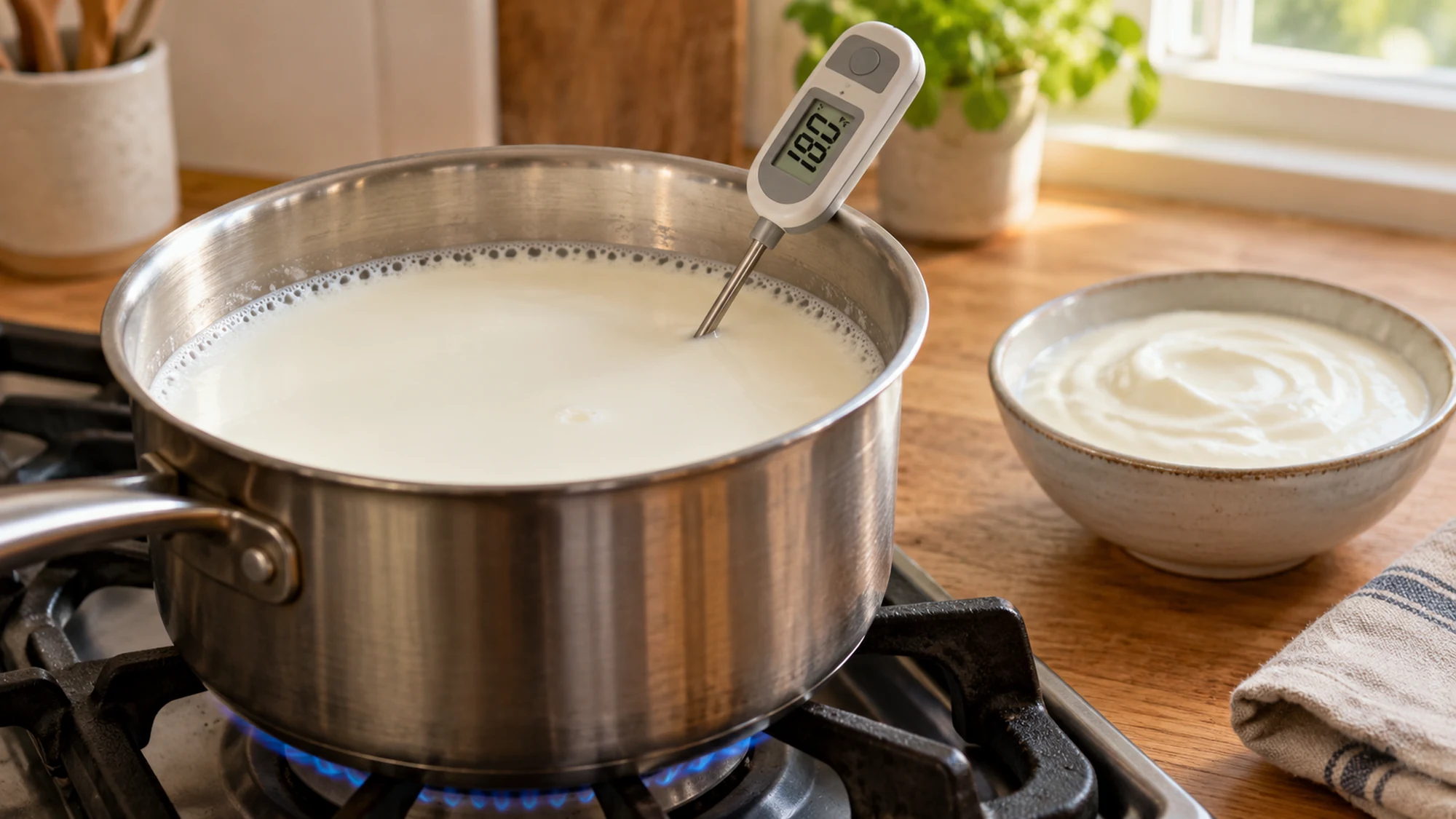 Milk heating in a saucepan monitored with a food thermometer