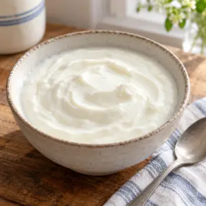 Square view of creamy plain homemade whole-milk yogurt