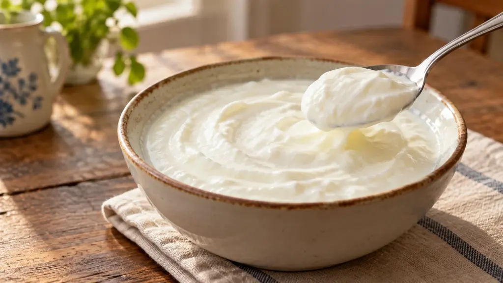 Plain homemade whole-milk yogurt with a creamy spoonable set