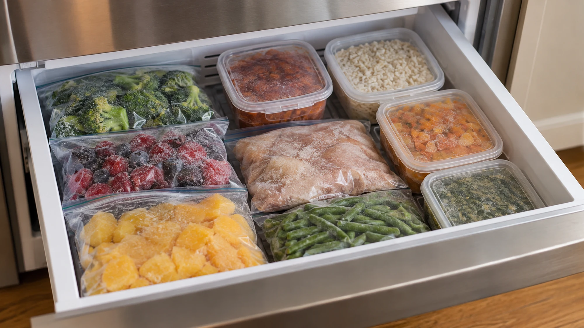 Closed food containers arranged inside a home freezer