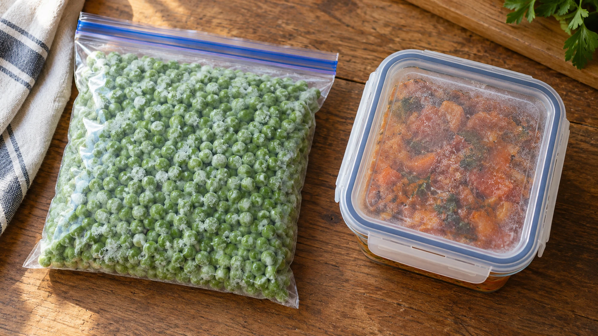 A tightly packed freezer bag of peas beside a shallow container