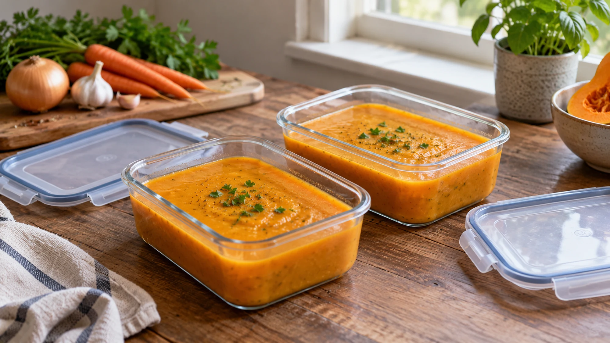 Two shallow freezer containers holding soup portions