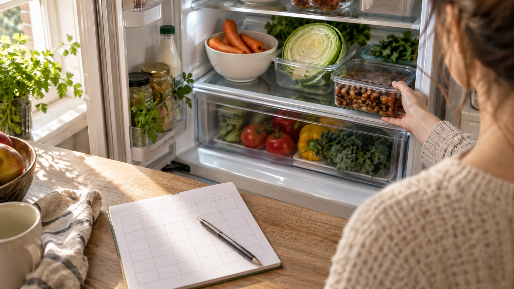A person checks stored vegetables and cooked beans beside a blank weekly meal planner