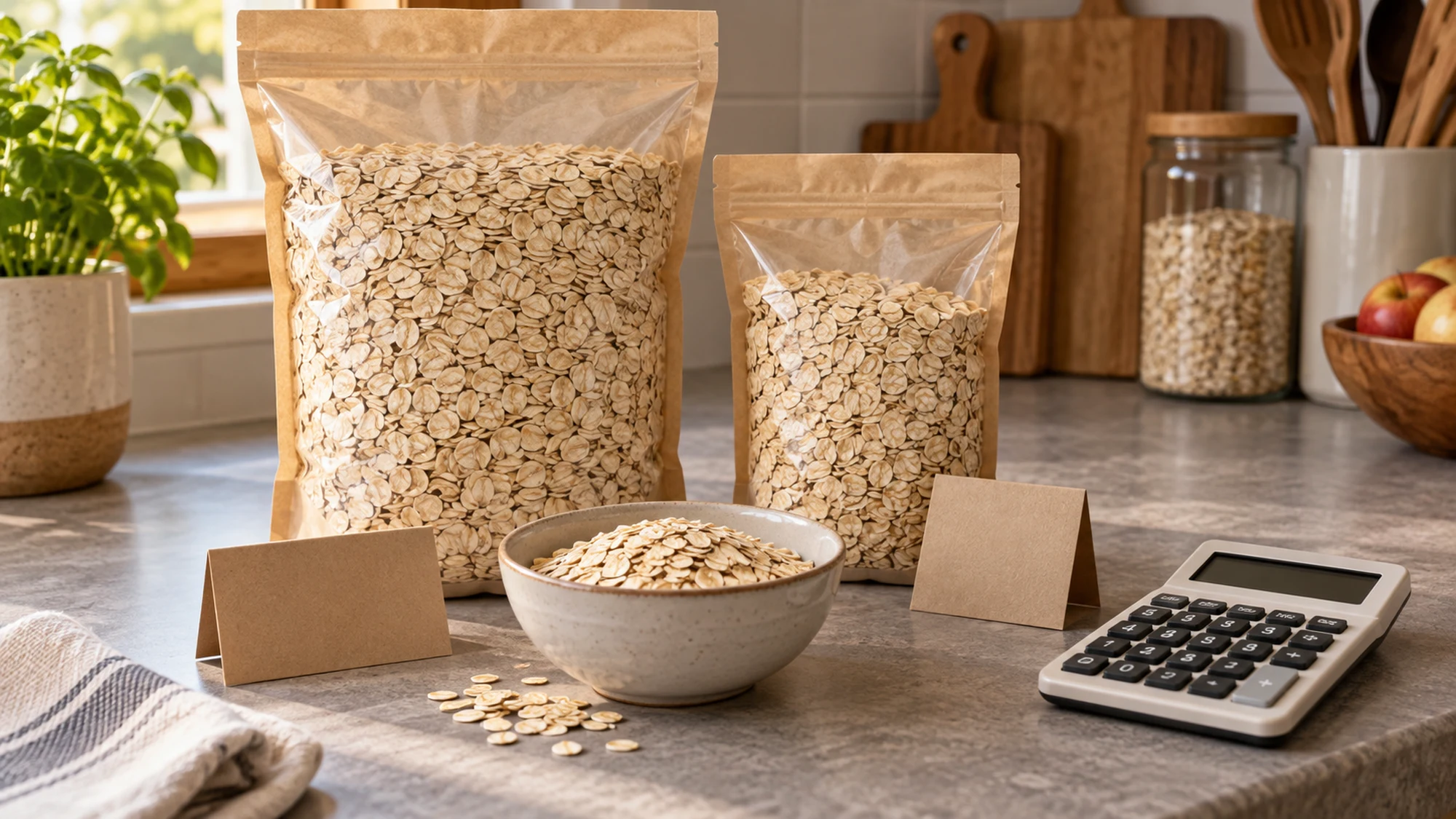 Two plain bags of oats beside a bowl of oats, blank price cards and a calculator