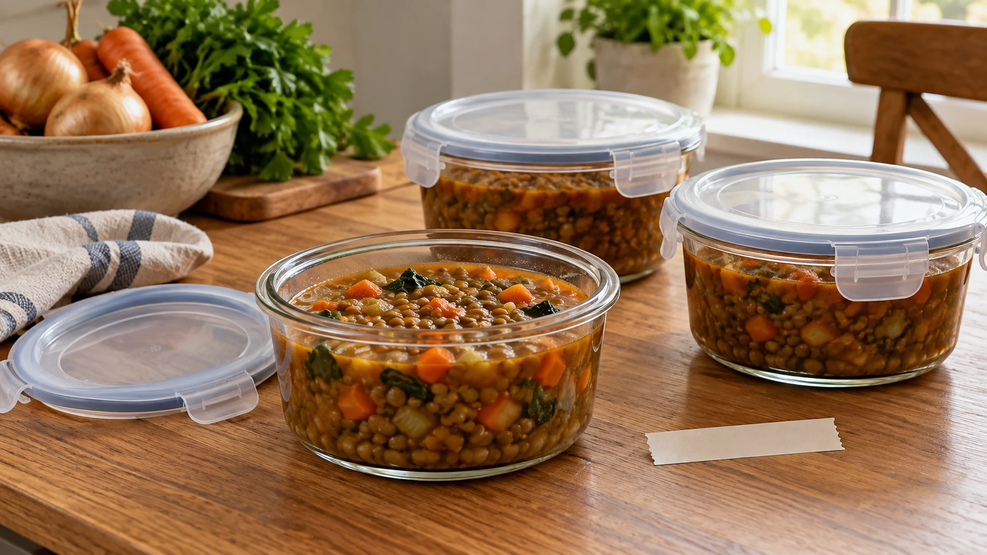 Lentil vegetable soup divided among three shallow glass storage containers