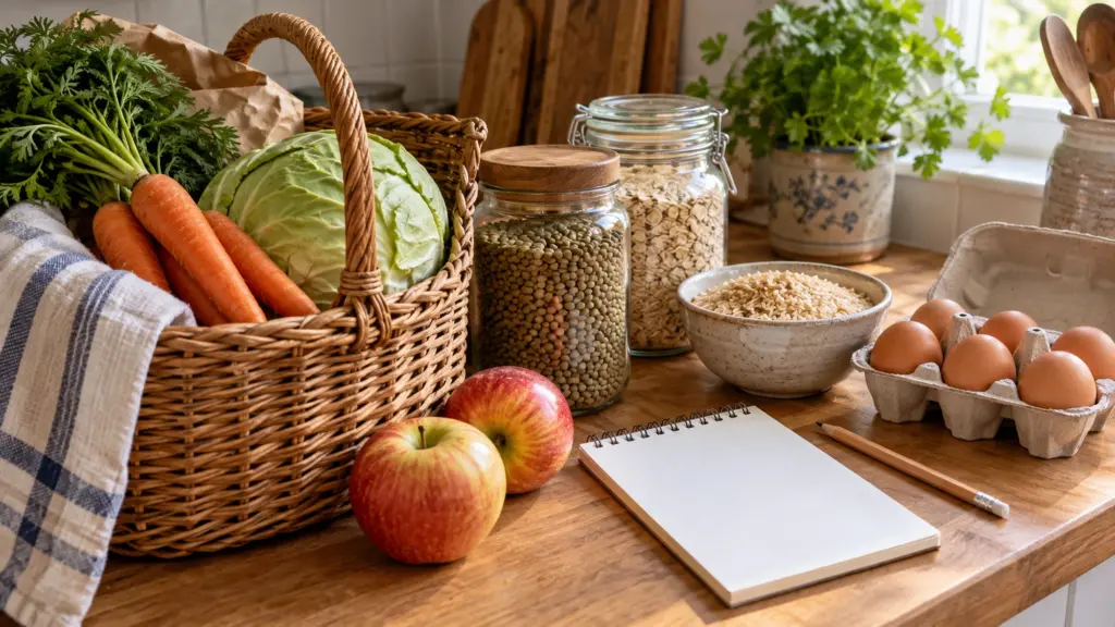 Lentils, oats, carrots, cabbage, rice, eggs and apples arranged beside a blank shopping list